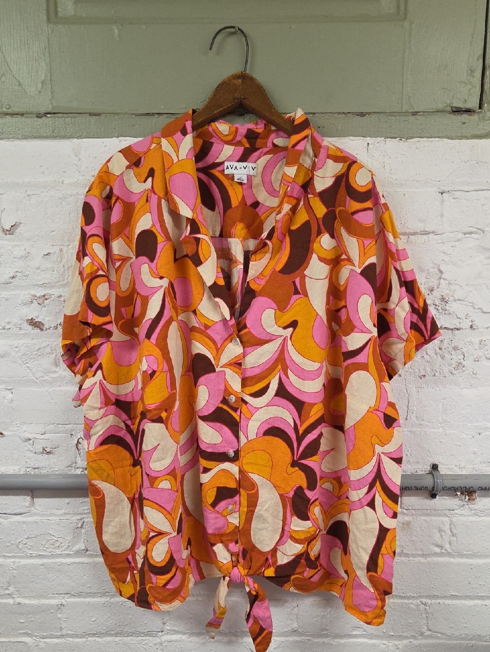 Ava & Viv Vibrant Retro Swirl Tie-Front Blouse — Pink, Orange, Brown, Cream 4X